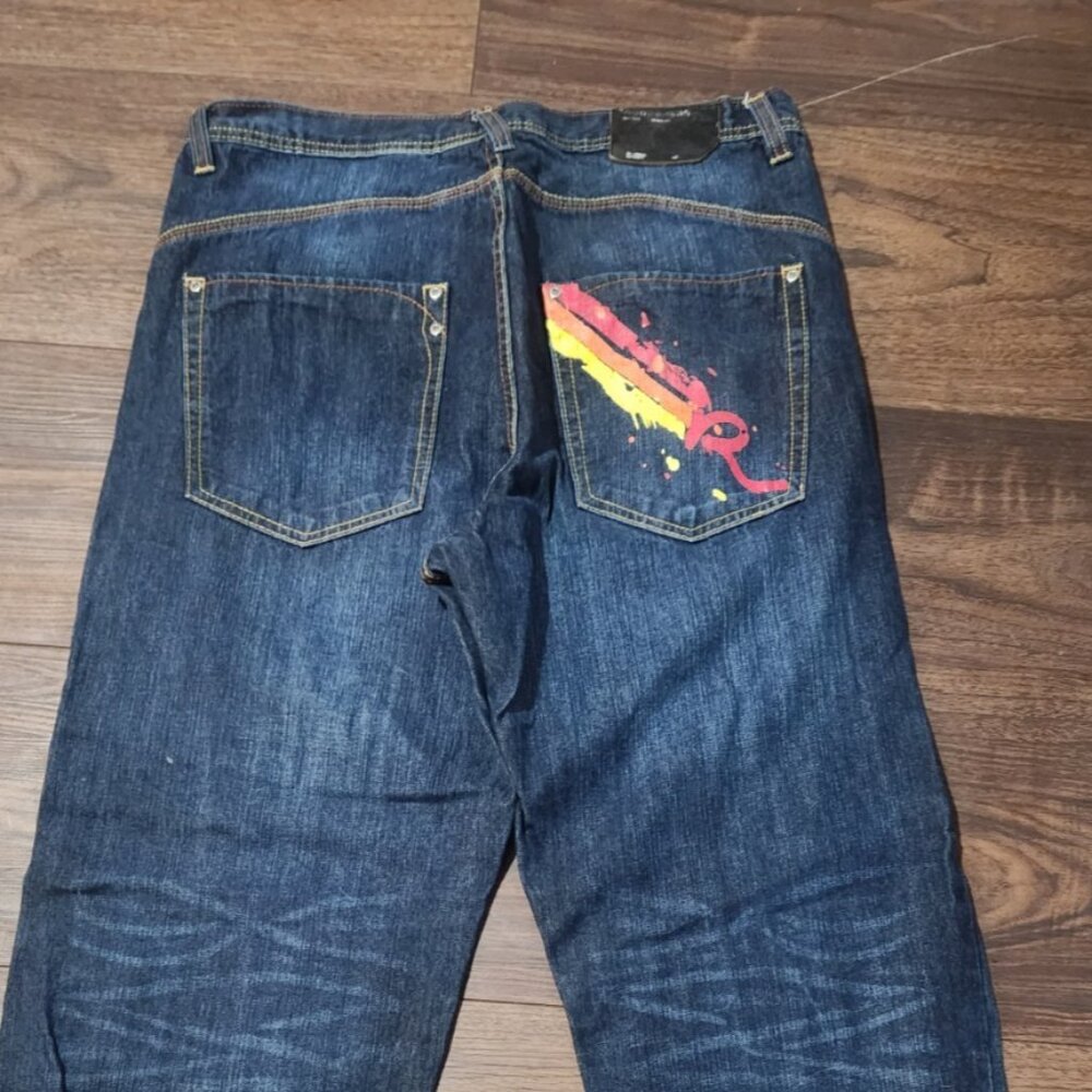 Vintage Rocawear Jeans Mens 38x32  Blue Baggy Hip Hop‎ Paint Splatter